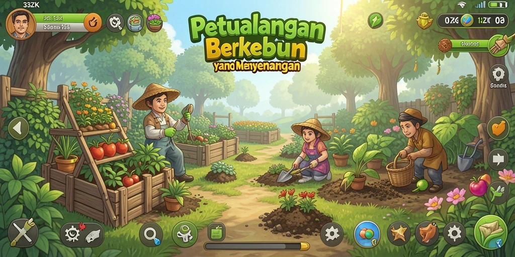 Screenshot utama 33ZK menampilkan petani yang sedang merawat kebun.