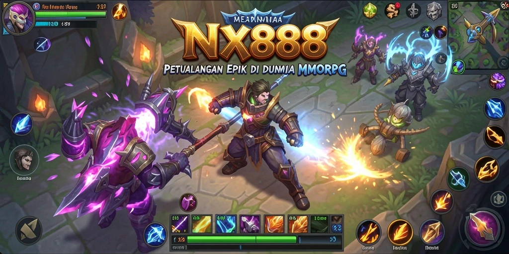 Screenshot NX888 menunjukkan pertarungan epik dan dunia MMORPG yang menakjubkan.