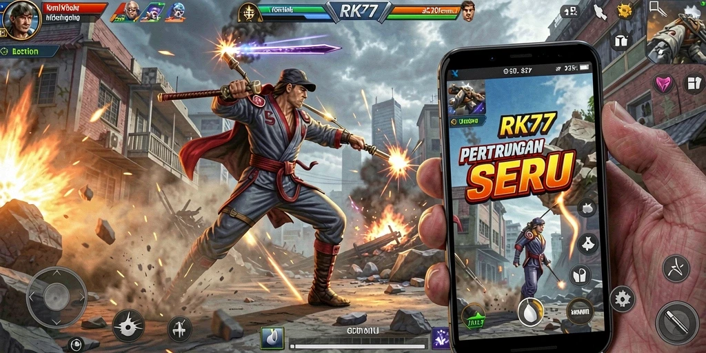 Tampilan aksi mendebarkan dari gameplay RK77 dalam pertarungan intens.