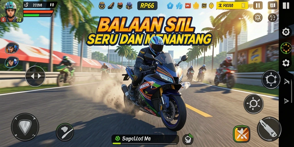 Screenshot gameplay RP66 yang menampilkan balapan motor yang intens.